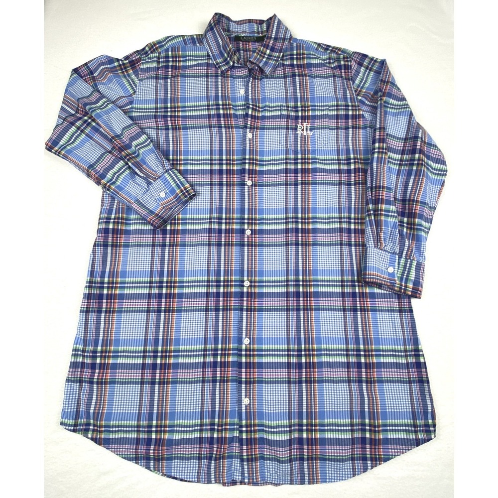 Lauren Ralph Lauren Shirt Dress Blue Plaid Roll Tab Button Down Women's Size M